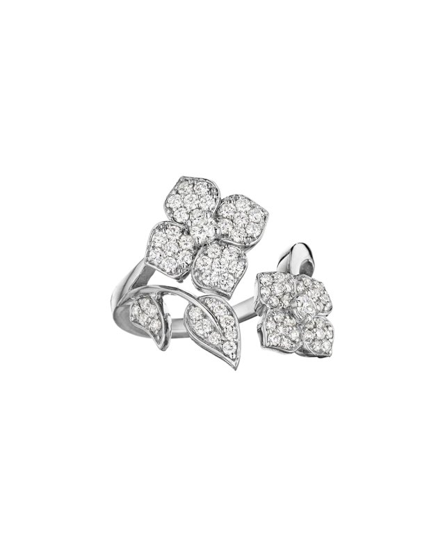 18k White Gold Pave Diamond Flower-Wrap Ring, Size 6